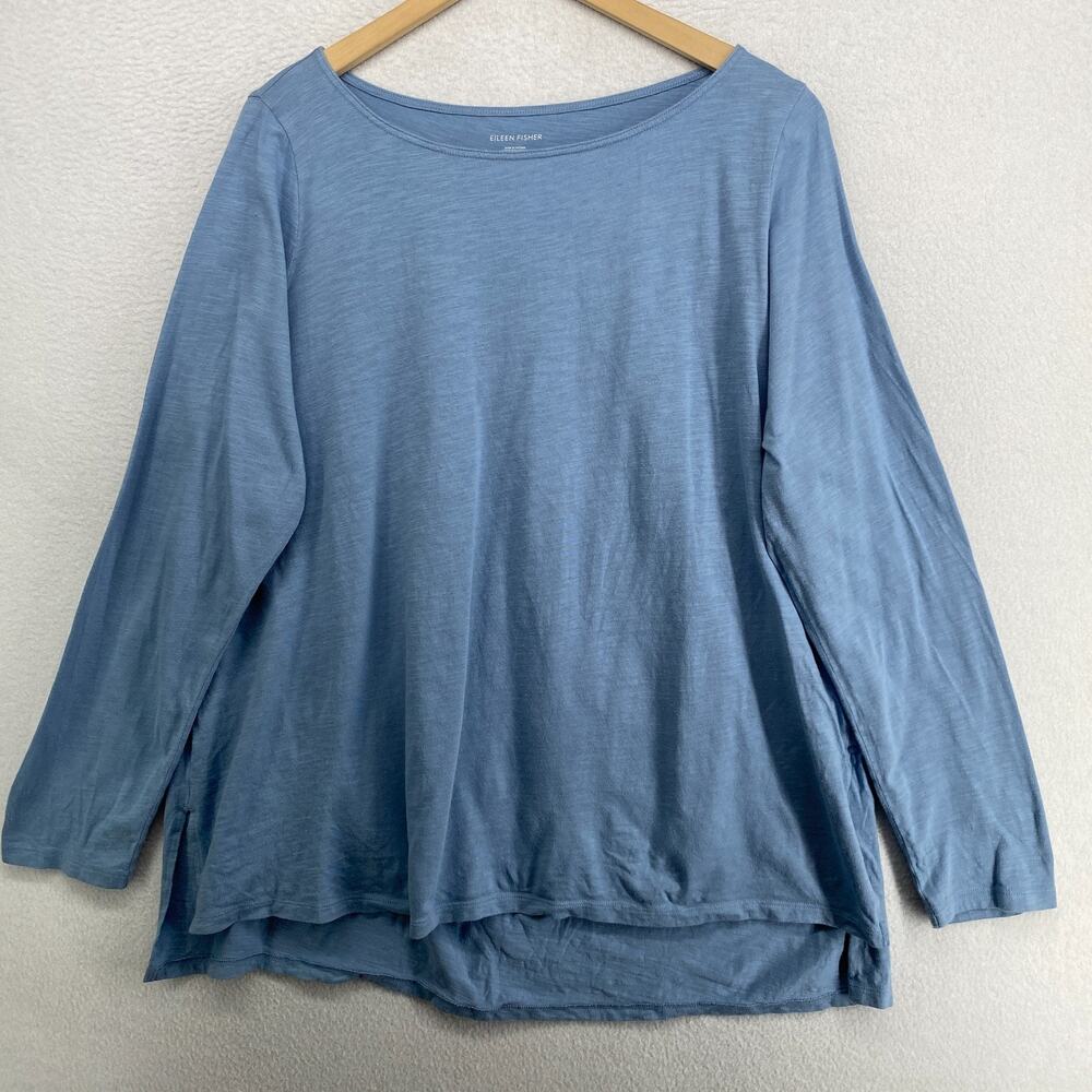EILEEN FISHER Tunic XL Slub Jersey Organic Cotton Boat Neck Long Sleeve Blue